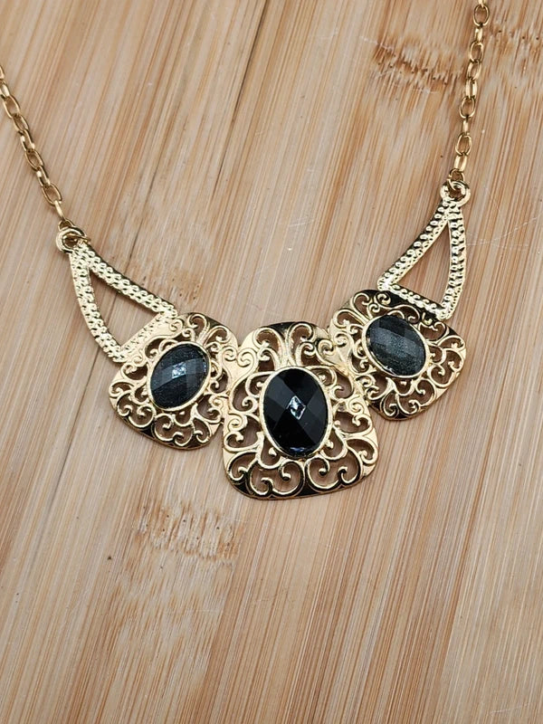 21in To 23in Adj Gold Tone Filigree Statement Necklace with Black Acrylic Stones