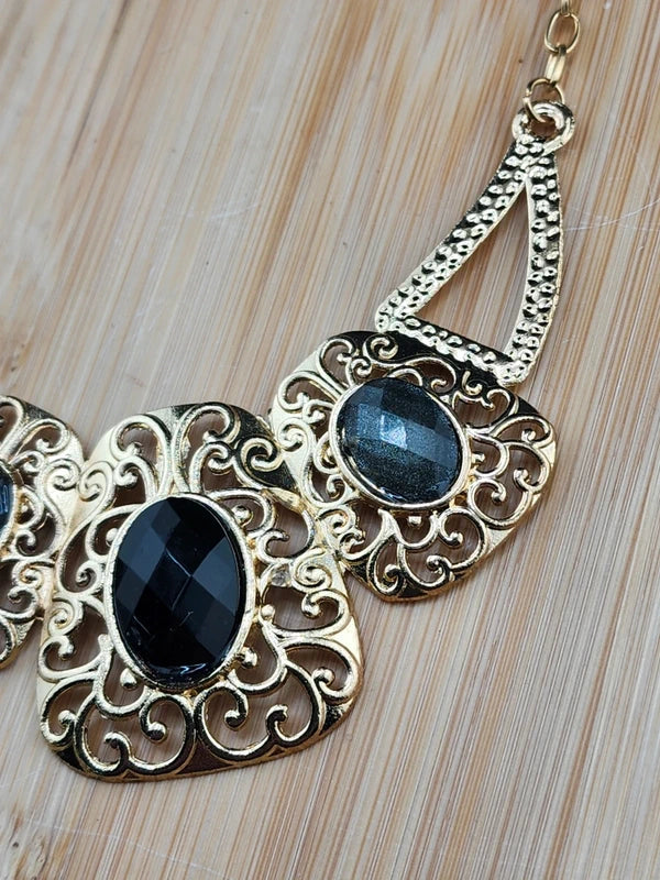 21in To 23in Adj Gold Tone Filigree Statement Necklace with Black Acrylic Stones