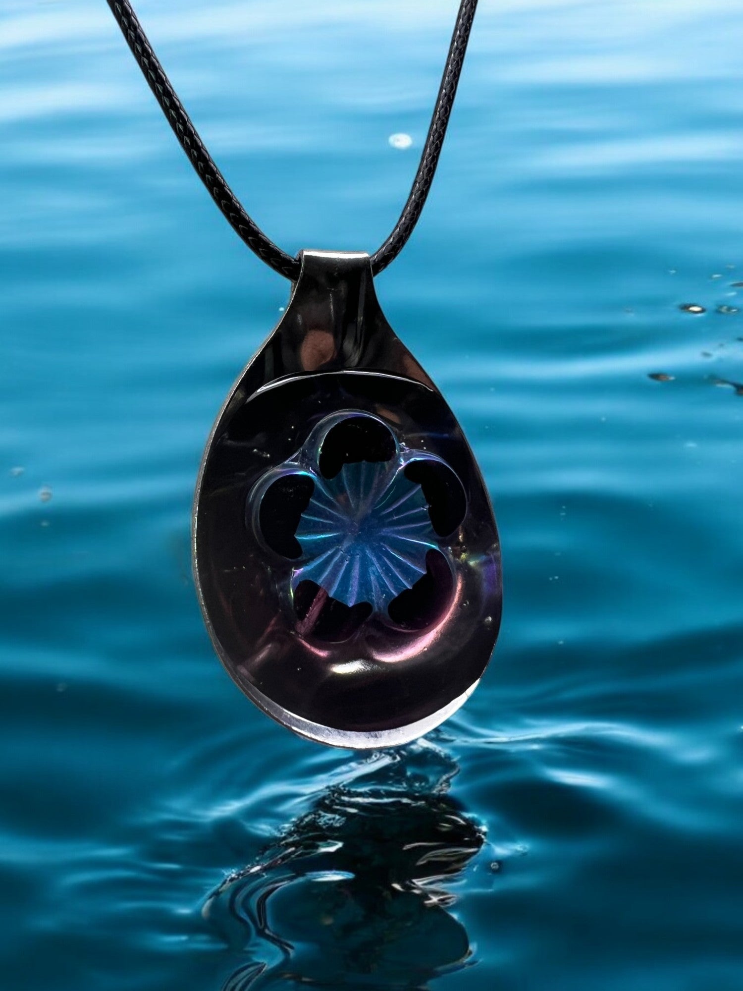 Multi-Colored Stylized Glass Flower With 18" Adjustable cord Necklace