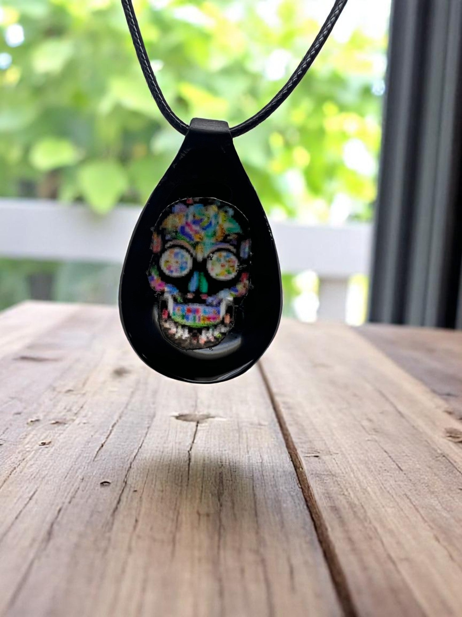 Multi Colored Black Sugar Skull Spoon Necklace With 18" Adjustable Cord