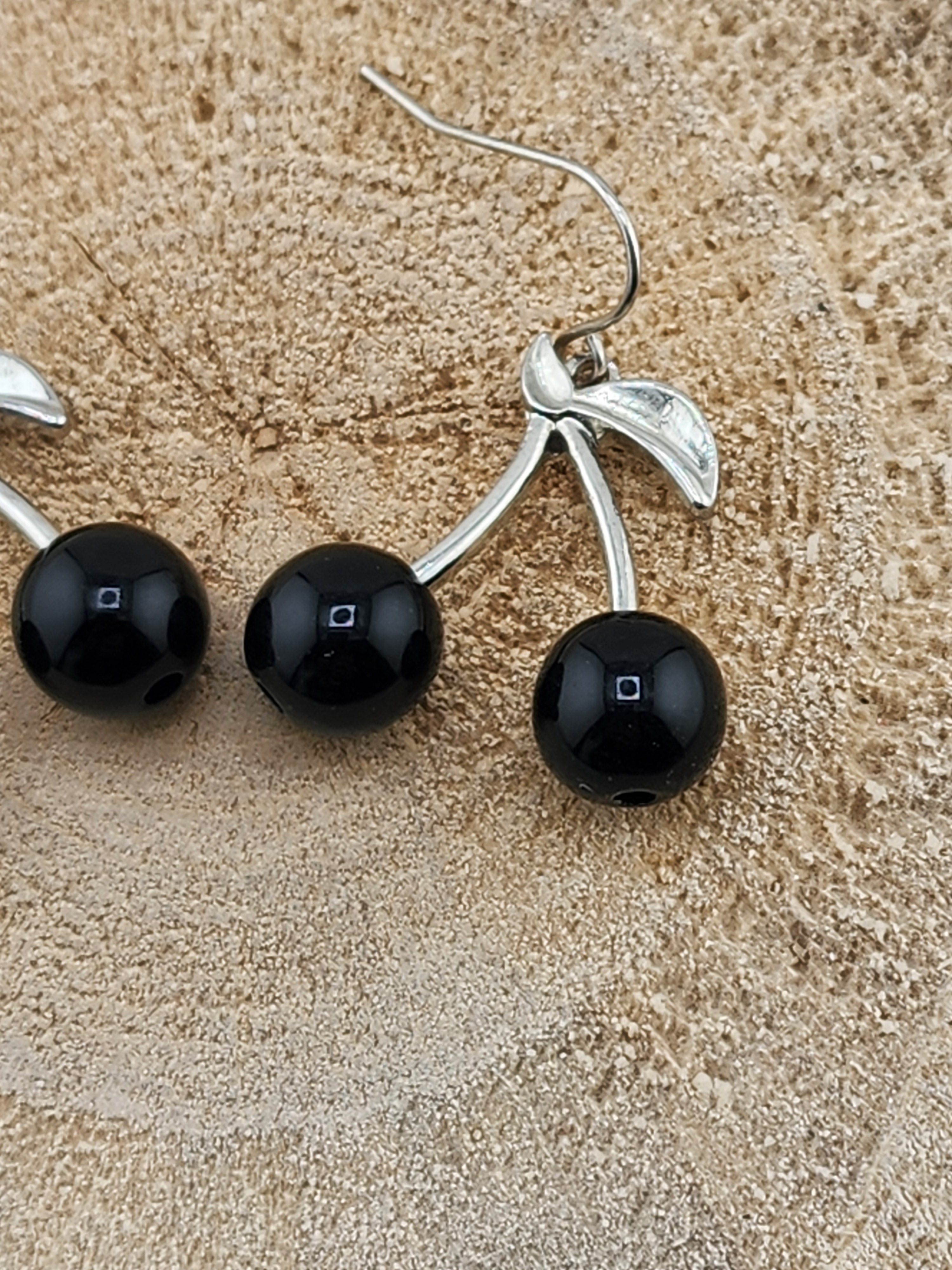 Silver Tone Cherry Dangle Earrings with Black Beads