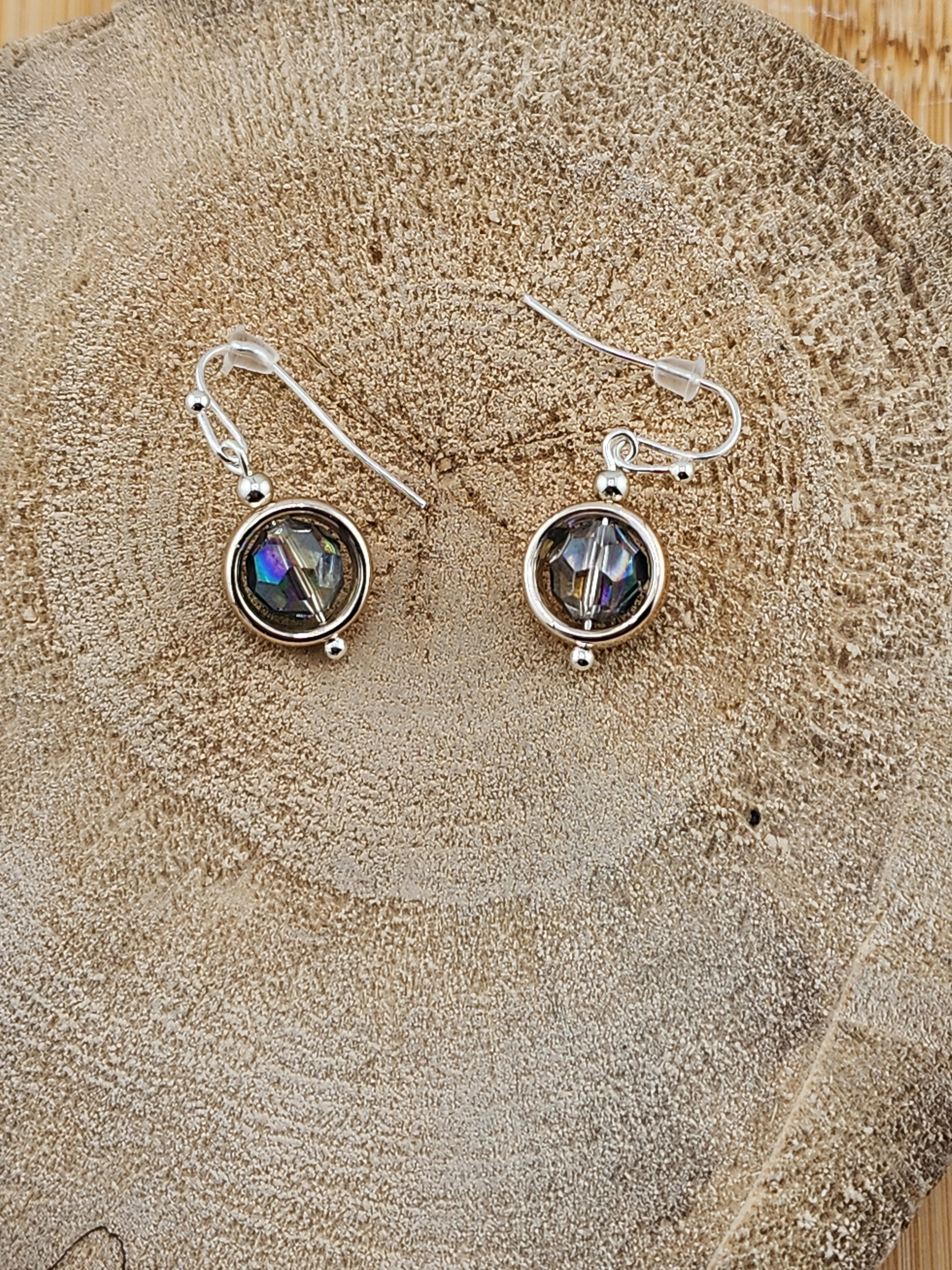 Sterling Silver Tone Iridescent Glass Drop Earrings - Gray
