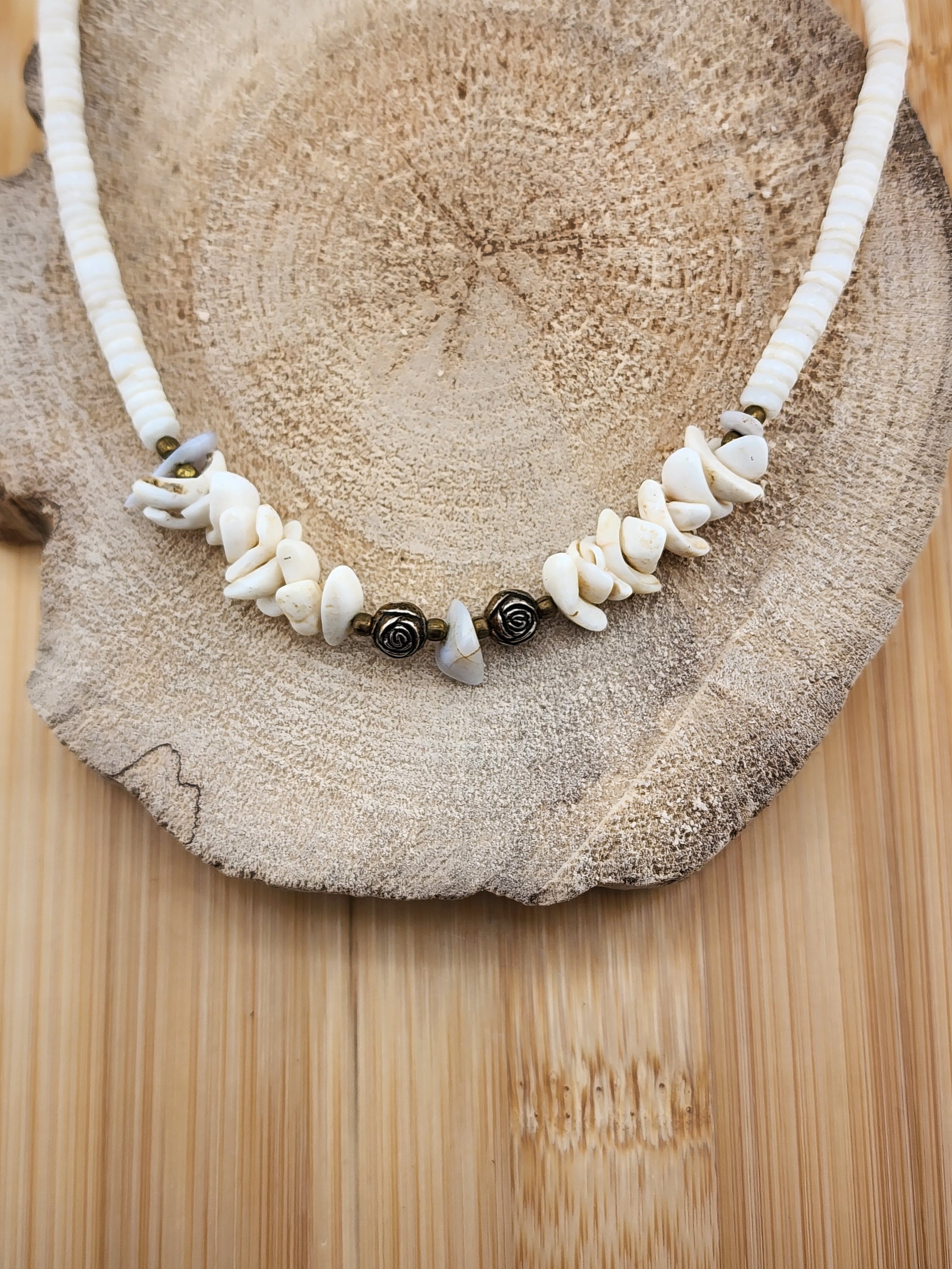 17in Boho White Shell Beaded Necklace with Rose Accent