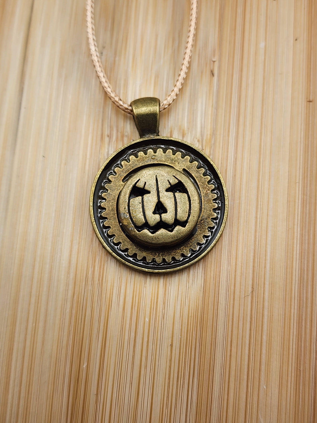 18in To 20in Adj Antique Gold Tone Pumpkin Medallion Necklace  Halloween Jewelry