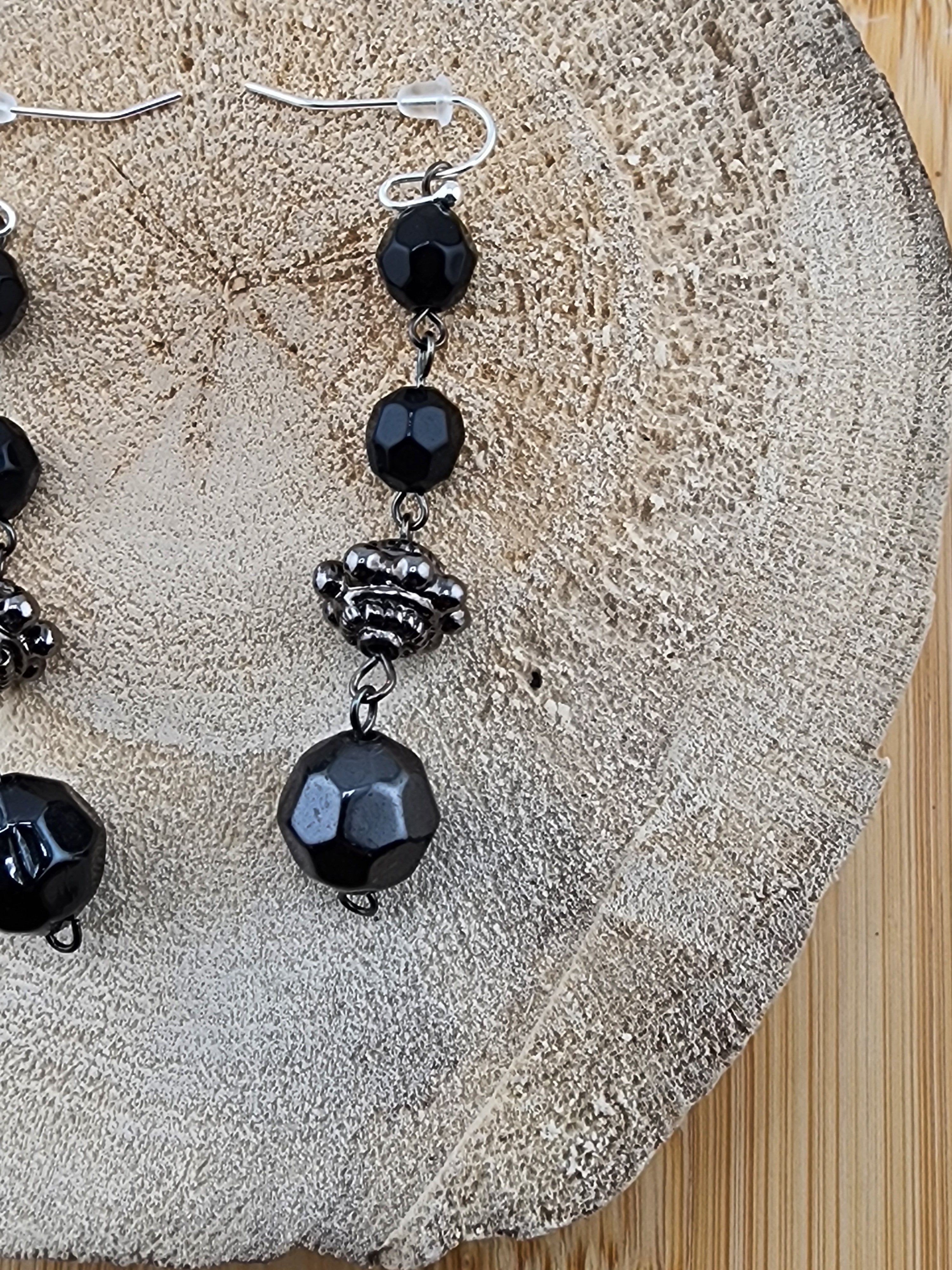 Black Faceted Bead Drop Earrings