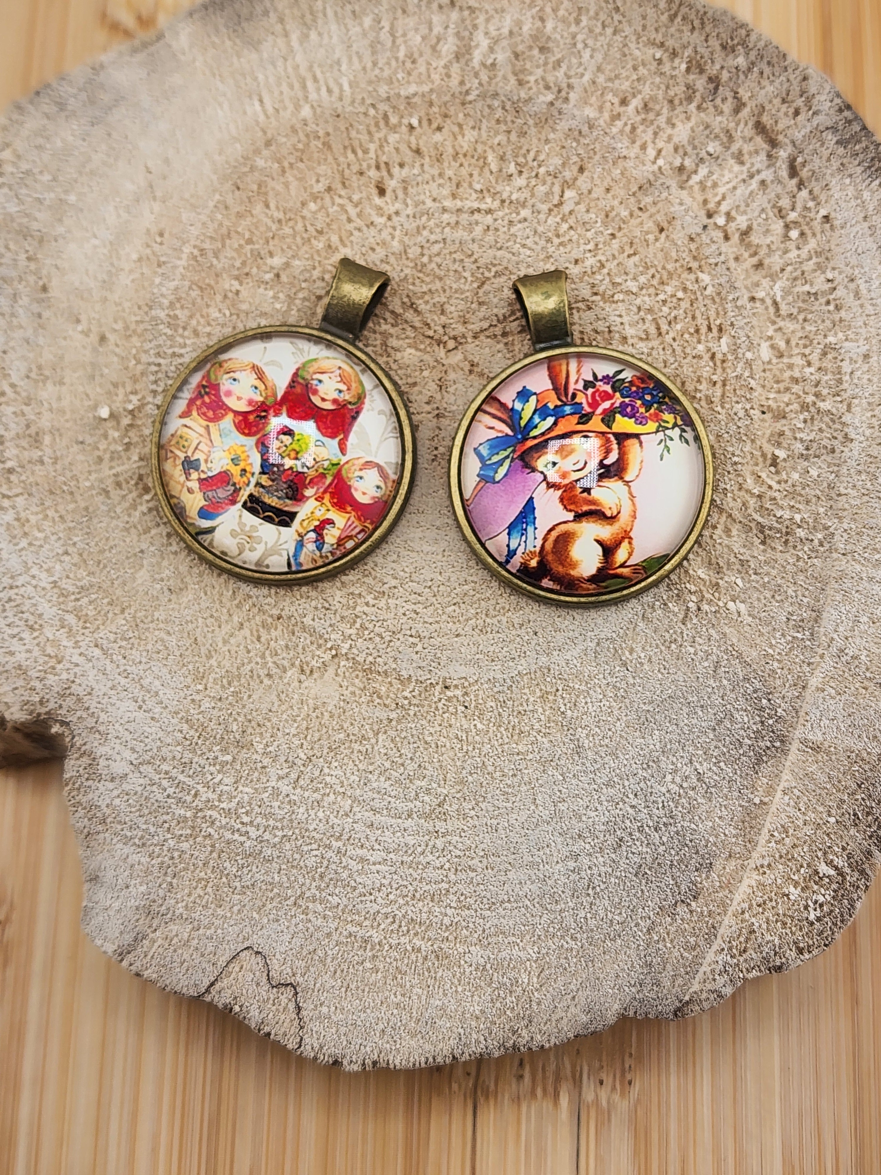 Vintage-Inspired Red and Multicolor Matryoshka & Kitten Pendant Set 0540