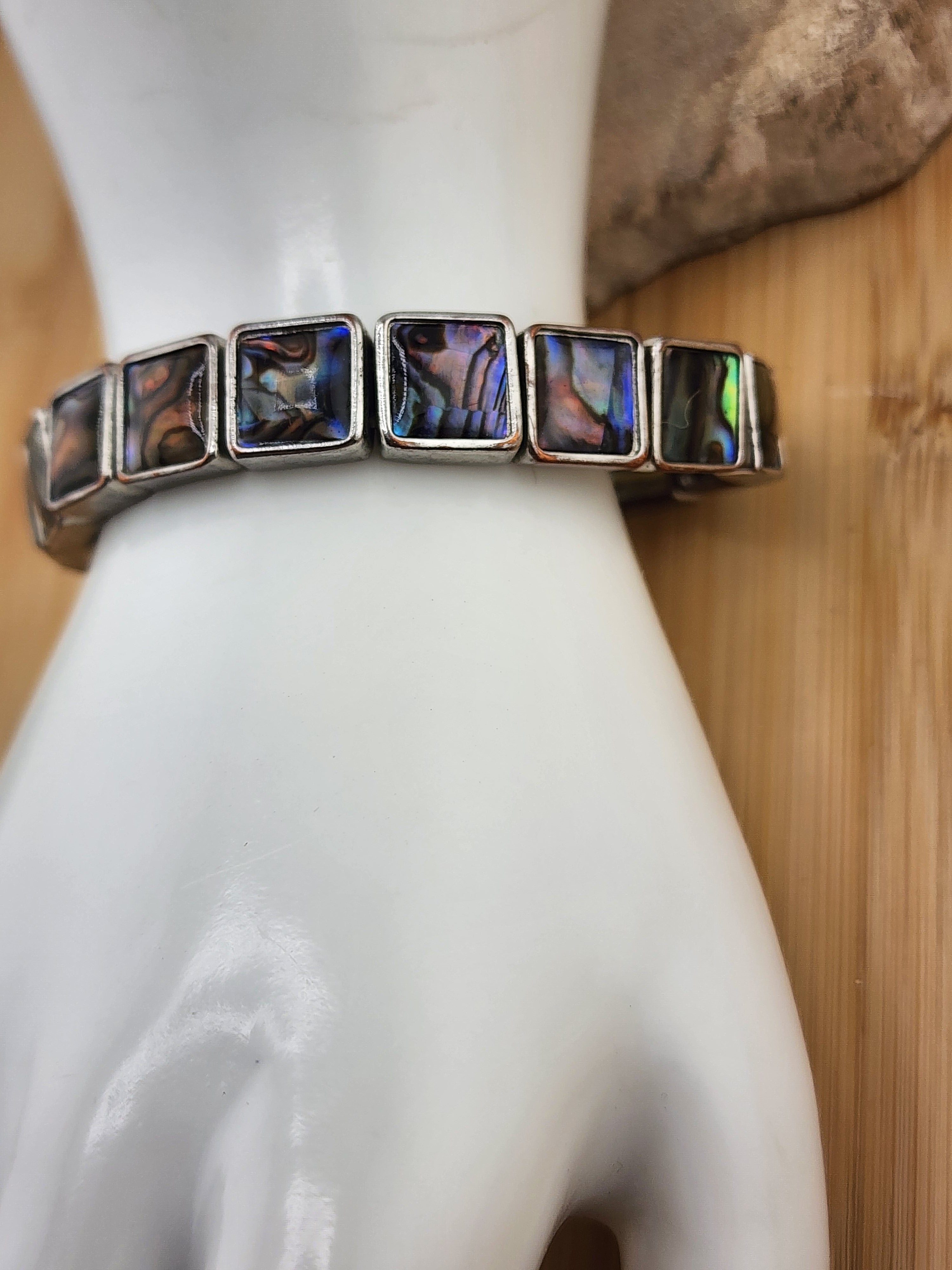 Vintage Abalone Inlay Silver-Tone Square Stretch Bracelet - 0541