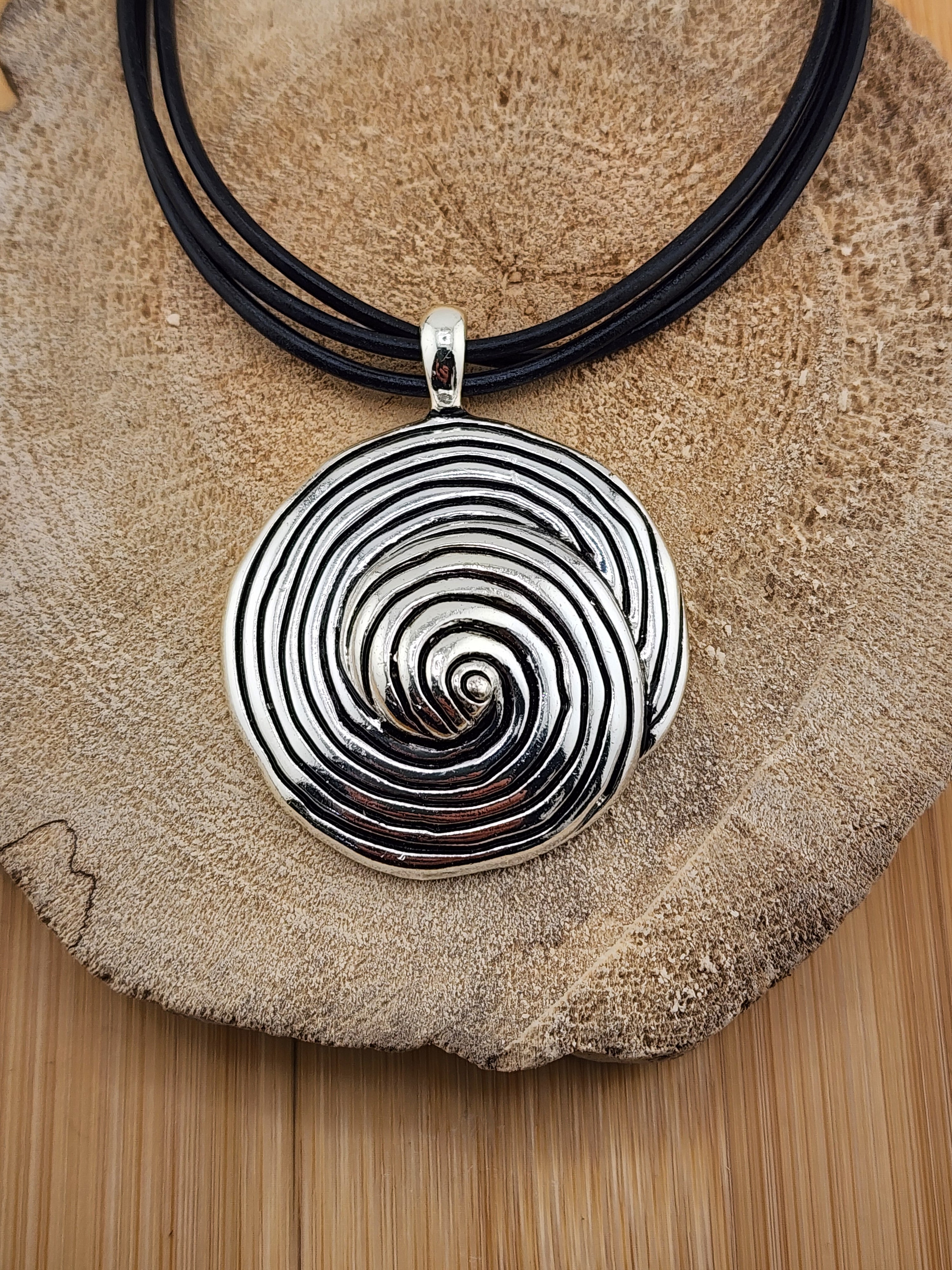 20in Silver Tone Spiral Pendant Necklace with Black Cord