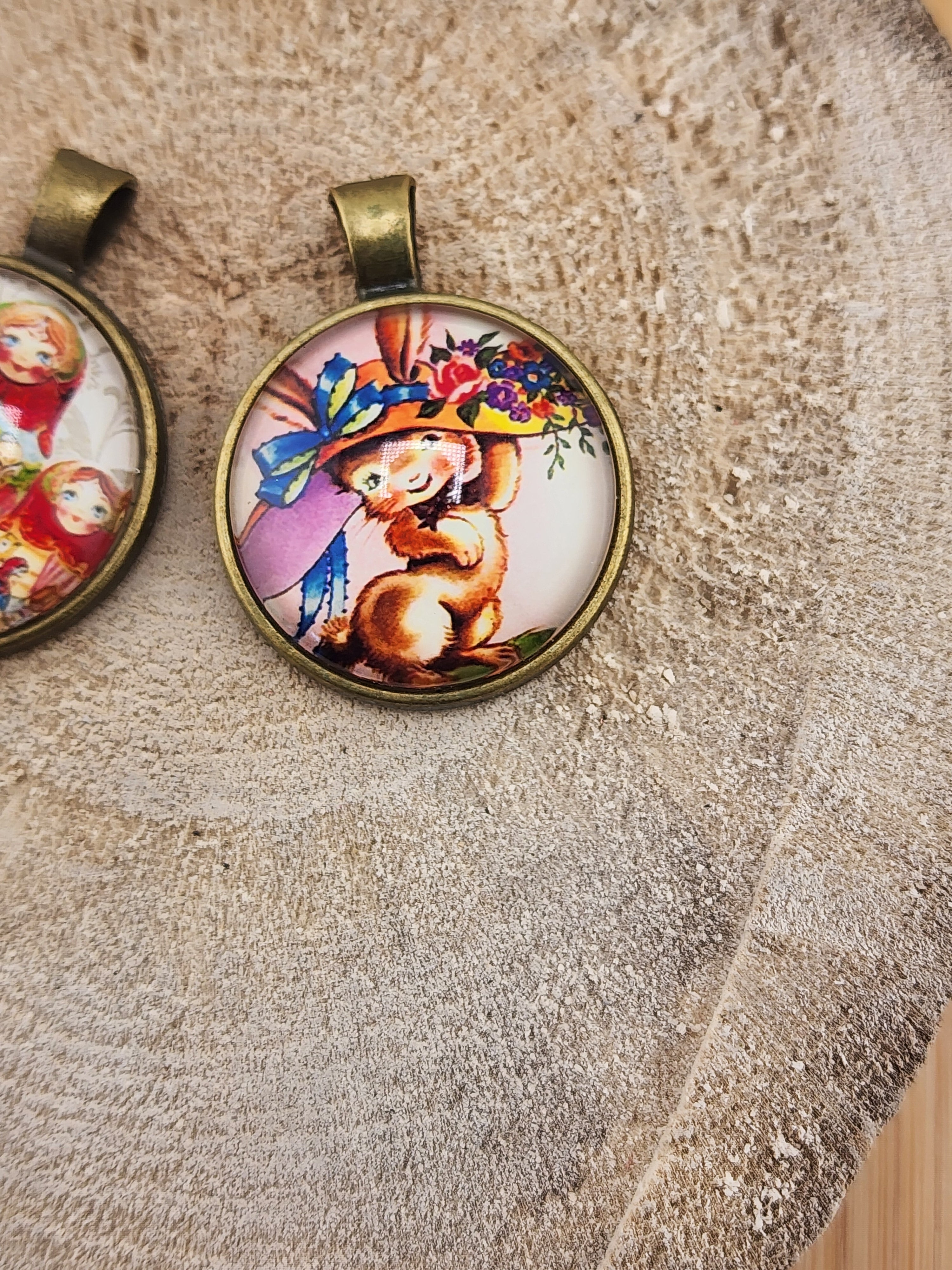 Vintage-Inspired Red and Multicolor Matryoshka & Kitten Pendant Set 0540