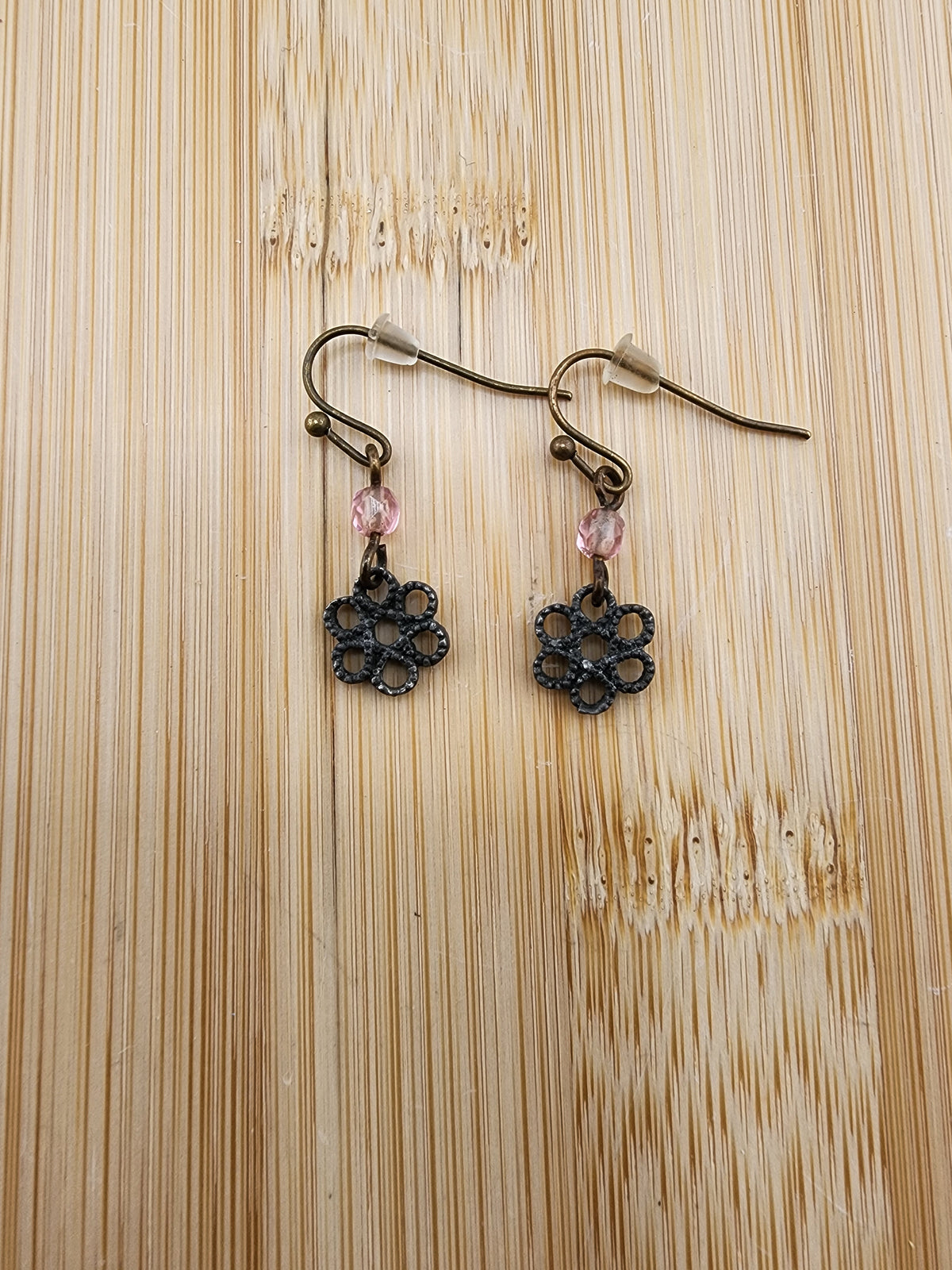 Delicate Pink Crystal & Black Floral Drop Earrings