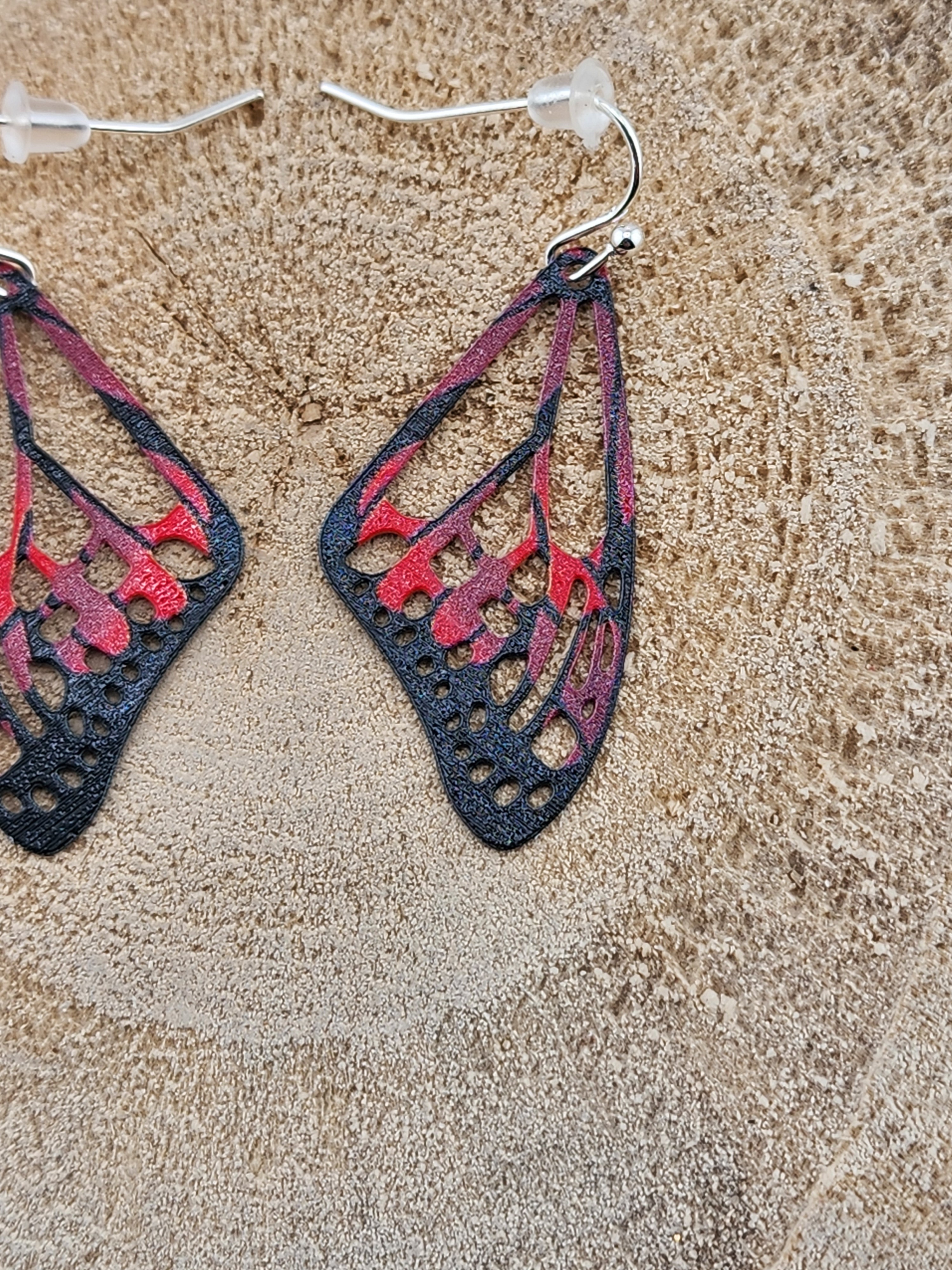 Delicate Black and Red Butterfly Wing Dangle Earrings