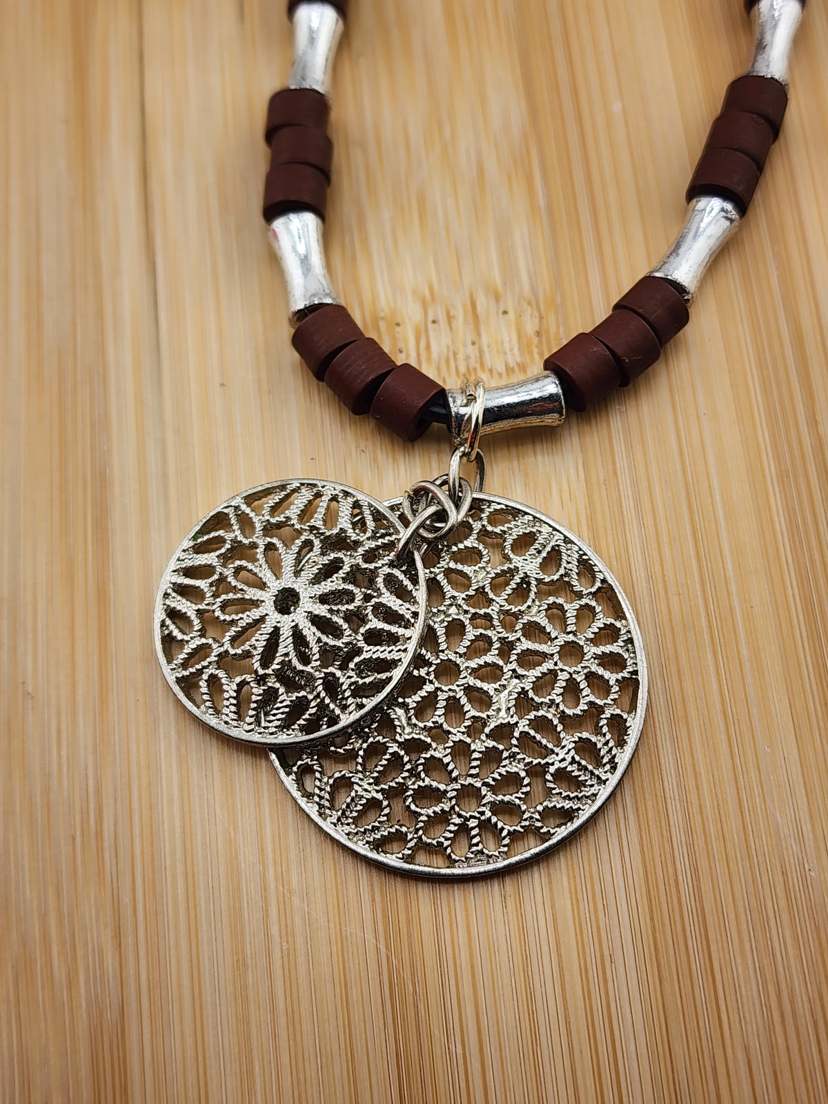 17in Boho Silver Filigree Pendant Necklace with Brown Beaded Cord