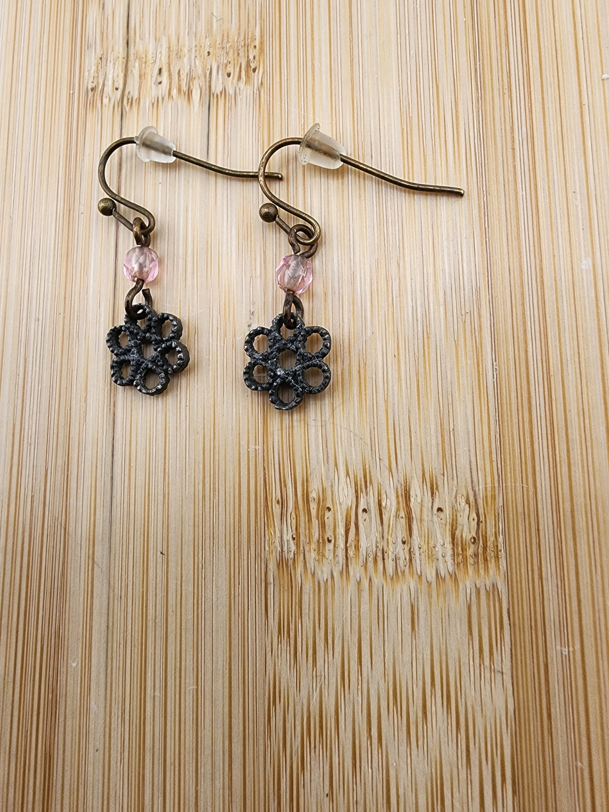 Delicate Pink Crystal & Black Floral Drop Earrings