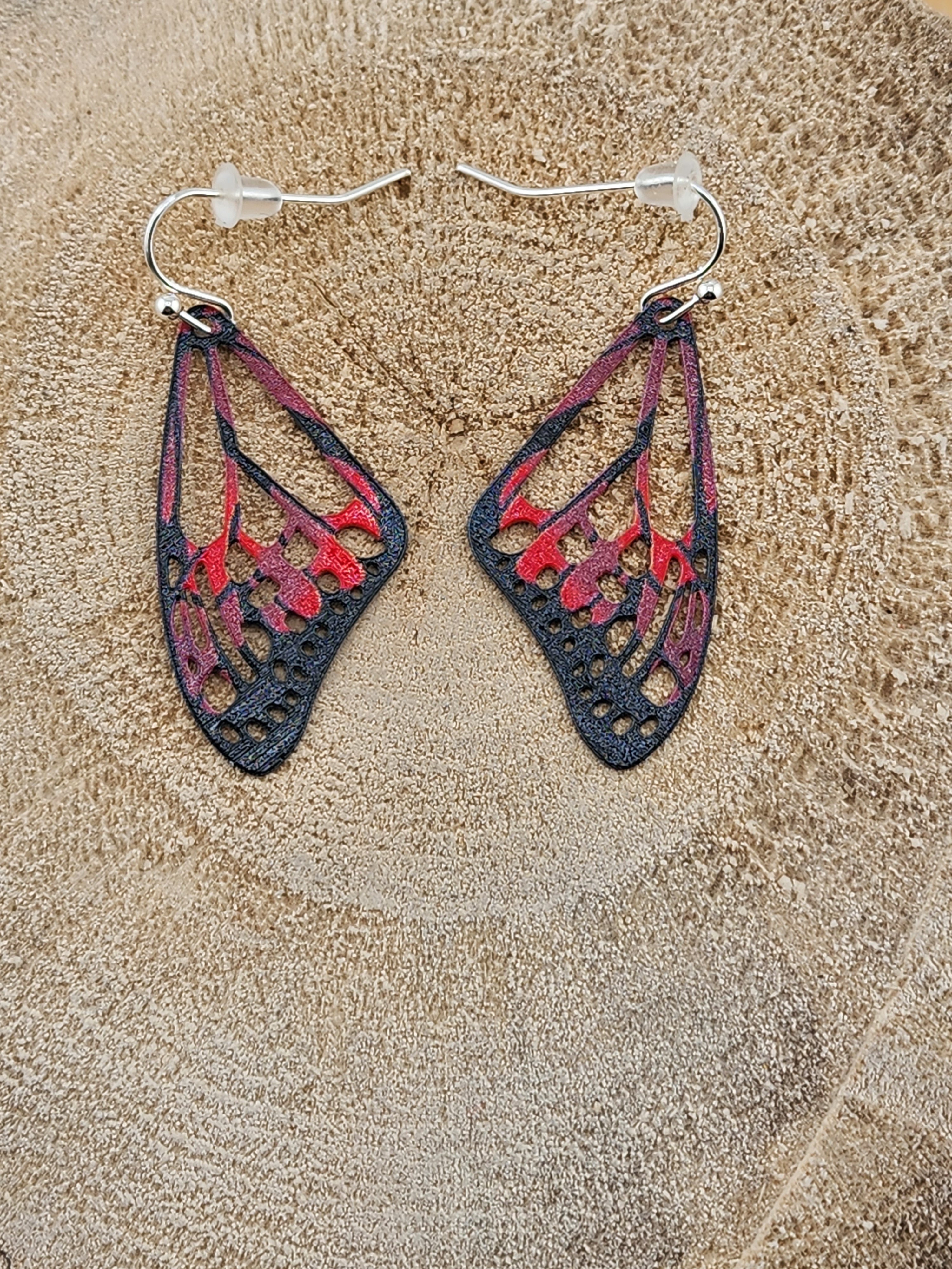 Delicate Black and Red Butterfly Wing Dangle Earrings