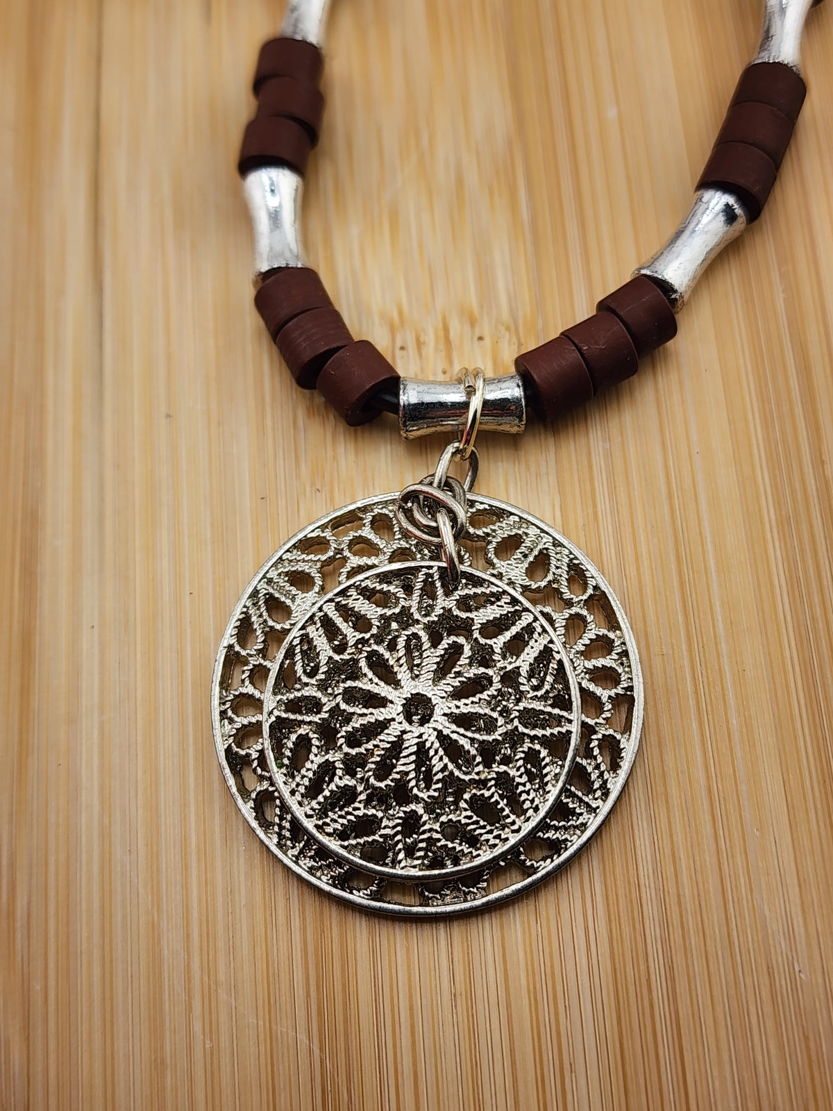 17in Boho Silver Filigree Pendant Necklace with Brown Beaded Cord