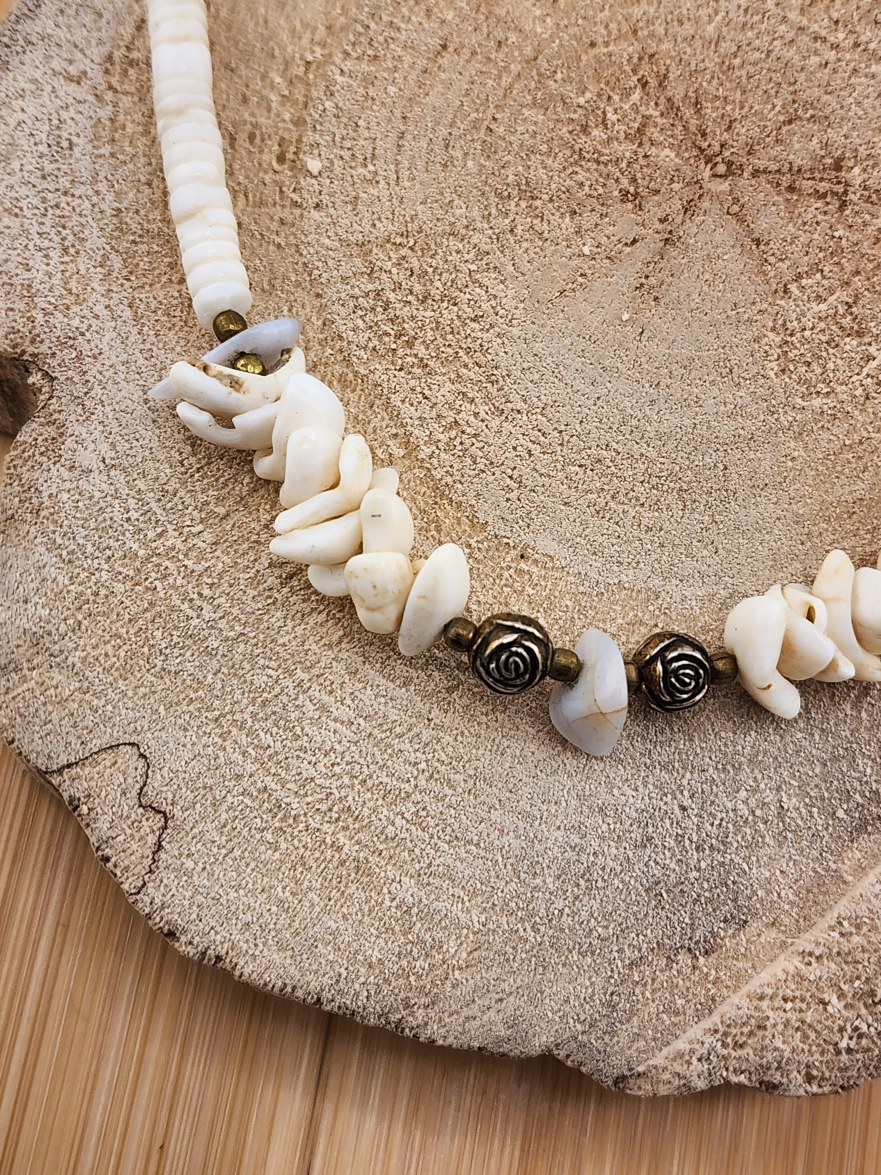 17in Boho White Shell Beaded Necklace with Rose Accent